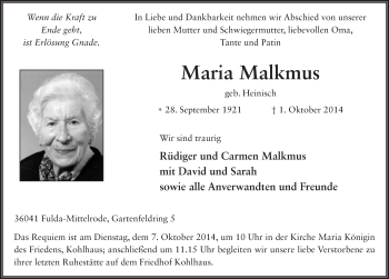Traueranzeige von Maria Malkmus 