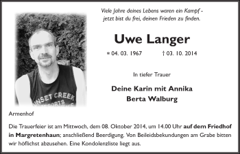 Traueranzeige von Uwe Langer 