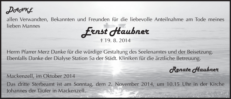  Traueranzeige für Ernst Haubner vom 10.10.2014 aus 