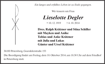 Traueranzeige von Lieselotte Degler 