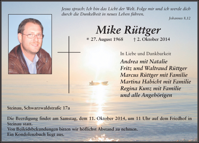  Traueranzeige für Mike Rüttger vom 07.10.2014 aus 