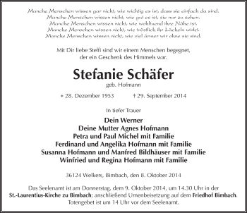 Traueranzeige von Stefanie Schäfer 