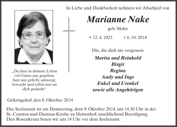 Traueranzeige von Marianne Nake 