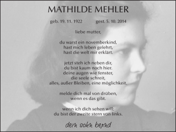 Traueranzeige von Mathilde Mehler 