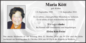 Traueranzeige von Maria Kött 