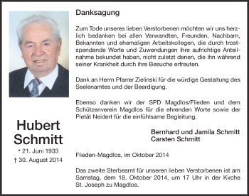 Traueranzeige von Hubert Schmitt 
