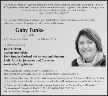 Traueranzeige von Gaby Funke 