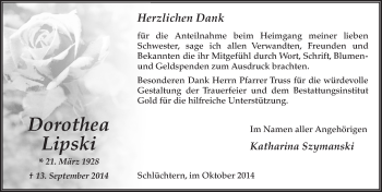 Traueranzeige von Dorothea Lipski 