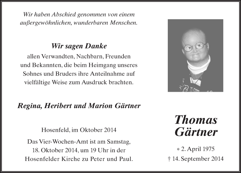  Traueranzeige für Thomas Gärtner vom 11.10.2014 aus 