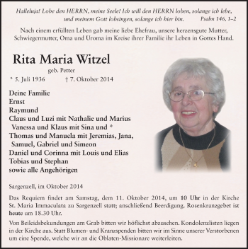 Traueranzeige von Rita Maria Witzel 