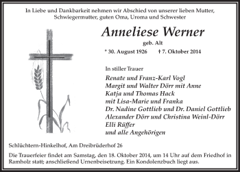 Traueranzeige von Anneliese Werner 