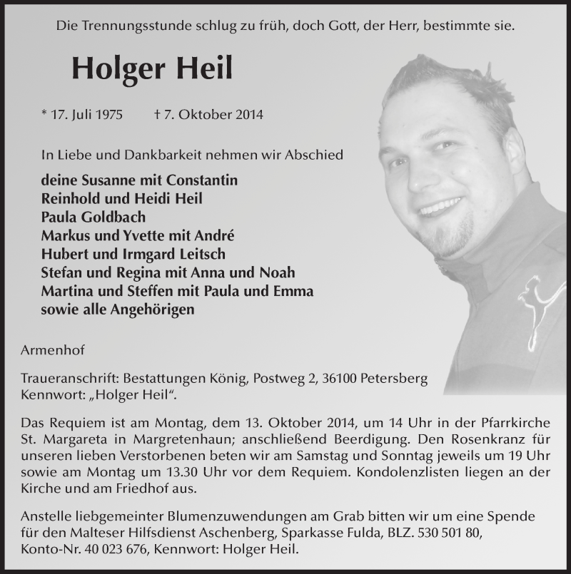  Traueranzeige für Holger Heil vom 10.10.2014 aus 