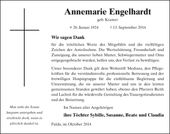 Traueranzeige von Annemarie Engelhardt 