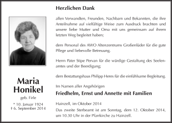 Traueranzeige von Maria Honikel 