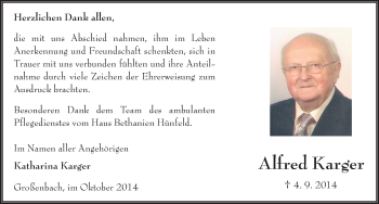 Traueranzeige von Alfred Karger 