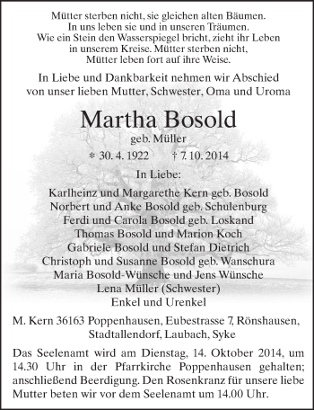 Traueranzeige von Martha Bosold 