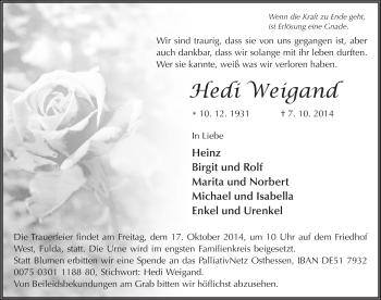 Traueranzeige von Hedi Weigand 