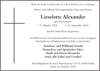 Traueranzeige von Lieselotte Alexander 