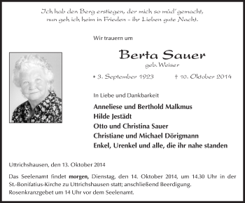 Traueranzeige von Berta Sauer 