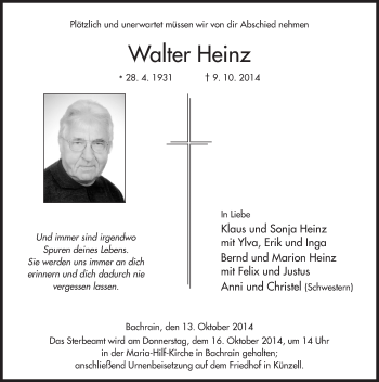 Traueranzeige von Walter Heinz 