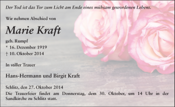 Traueranzeige von Marie Kraft 