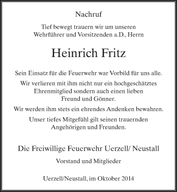 Traueranzeige von Heinrich Fritz 