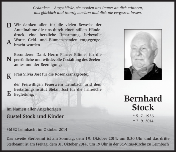 Traueranzeige von Bernhard Stock 
