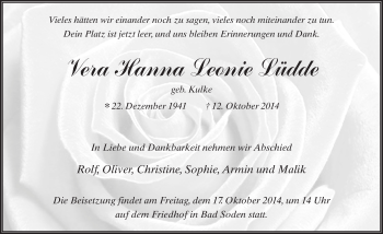 Traueranzeige von Vera Hanna Leonie Lüdde 