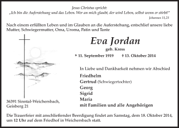 Traueranzeige von Eva Jordan 