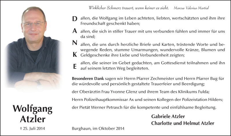  Traueranzeige für Wolfgang Atzler vom 18.10.2014 aus 