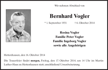 Traueranzeige von Bernhard Vogler 
