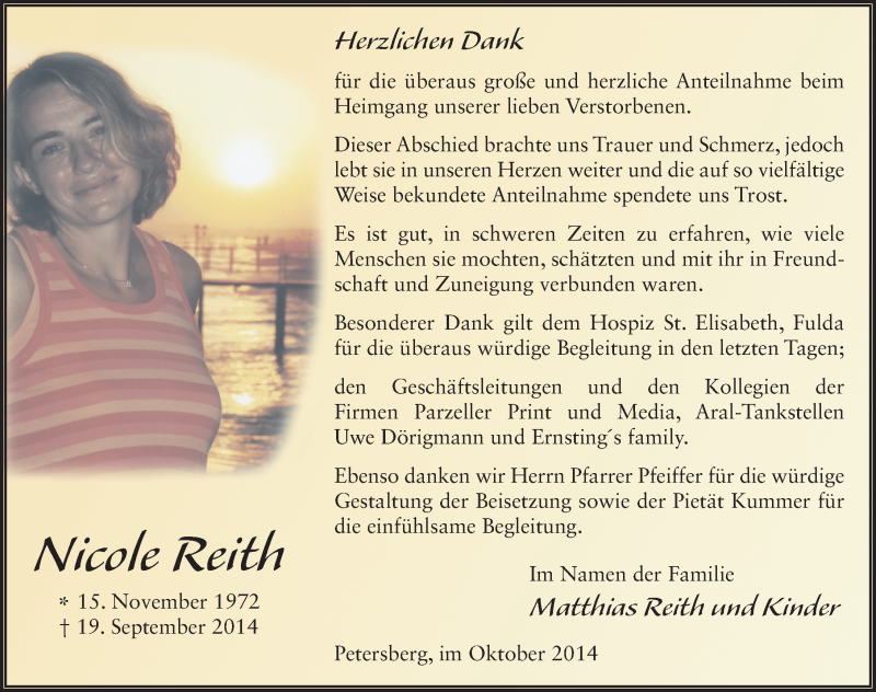  Traueranzeige für Nicole Reith vom 18.10.2014 aus 