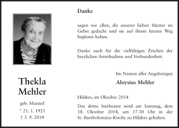 Traueranzeige von Thekla Mehler 