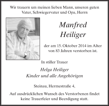 Traueranzeige von Manfred Heiliger 