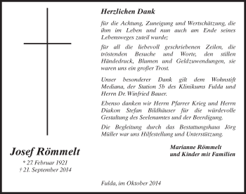 Traueranzeige von Josef Römmelt 