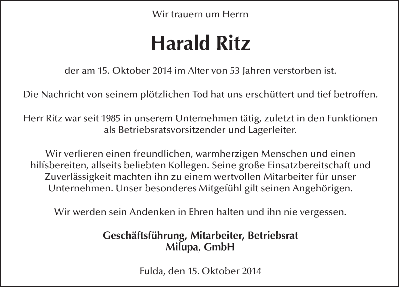  Traueranzeige für Harald Ritz vom 17.10.2014 aus 