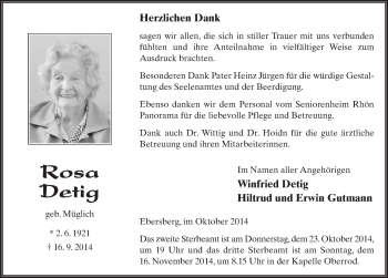 Traueranzeige von Rosa Detig 