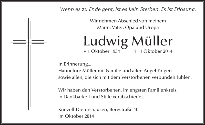  Traueranzeige für Ludwig Müller vom 24.10.2014 aus 