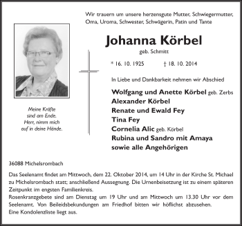 Traueranzeige von Johanna Körbel 