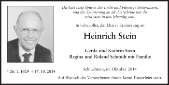 Traueranzeige von Heinrich Stein 