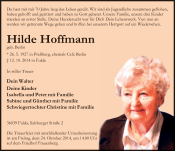 Traueranzeige von Hilde Hoffmann 