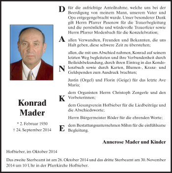 Traueranzeige von Konrad Mader 