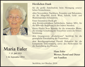 Traueranzeige von Maria Euler 