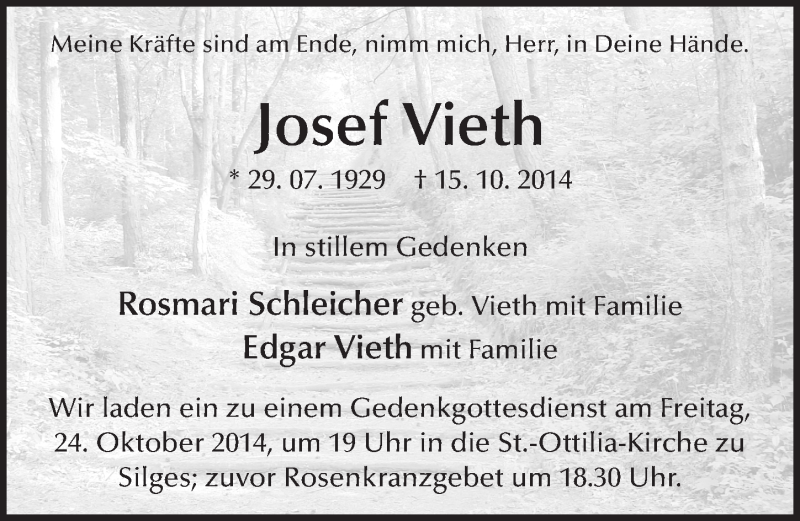  Traueranzeige für Josef Vieth vom 22.10.2014 aus 