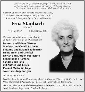 Traueranzeige von Erna Staubach 