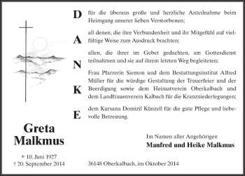 Traueranzeige von Greta Malkmus 