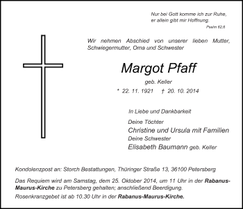 Traueranzeige von Margot Pfaff 