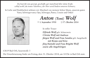 Traueranzeige von Anton Wolf 