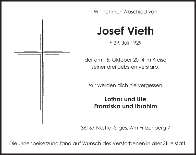  Traueranzeige für Josef Vieth vom 25.10.2014 aus 