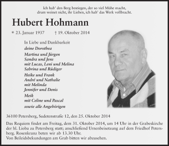 Traueranzeige von Hubert Hohmann 